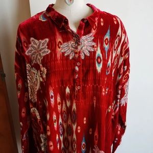 New Johnny Was Silk Velvet Feather Burnout Mara Blouse Top Shirt L
